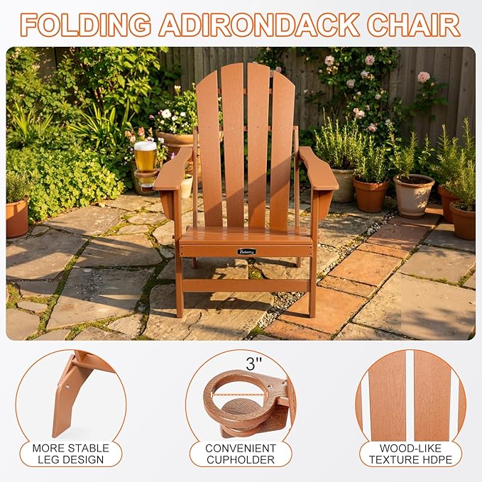 FUNBERRY Folding Adirondack Chairs Set of 2, HDPE Stable Gun-Leg Design Fire Pit Chairs with Cupholder All Weather for Outside