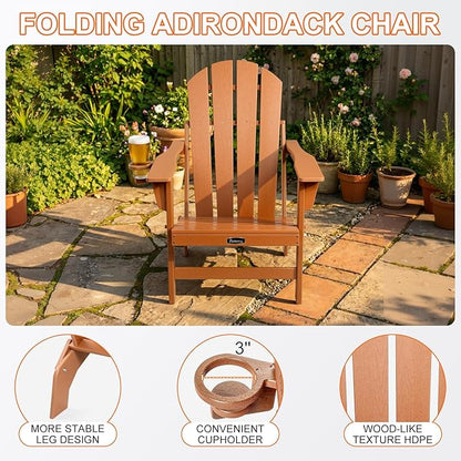 FUNBERRY Folding Adirondack Chairs Set of 2, HDPE Stable Gun-Leg Design Fire Pit Chairs with Cupholder All Weather for Outside