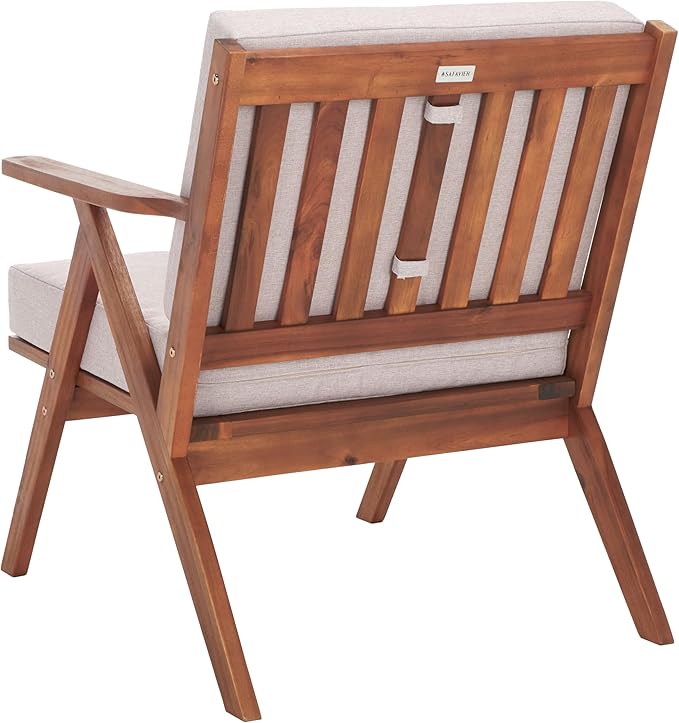 SAFAVIEH Outdoor Collection Dryad Mid-Century Modern Natural/Light Grey Solid Wood Chair with Cushion, Ideal for Deck, Patio, Backyard, Sunroom