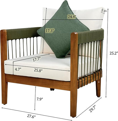 Christopher Knight Home Vinny Outdoor Accent Chair, Acacia Wood Club Chair, Handwoven Rope Armchair with Removable Cushions, Comfort Seating Single Reading Sofa for Garden Backyard Porch, Green+Beige