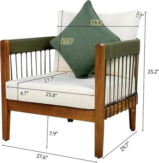 Christopher Knight Home Vinny Outdoor Accent Chair, Acacia Wood Club Chair, Handwoven Rope Armchair with Removable Cushions, Comfort Seating Single Reading Sofa for Garden Backyard Porch, Green+Beige