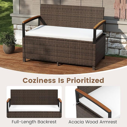 Tangkula 46 Gallon Outdoor Bench with Storage, Outdoor PE Rattan Storage Bench with Cushion, Backrest & Acacia Wood Armrests, Metal Frame, Waterproof Deck Box Seat for Porch Backyard Poolside