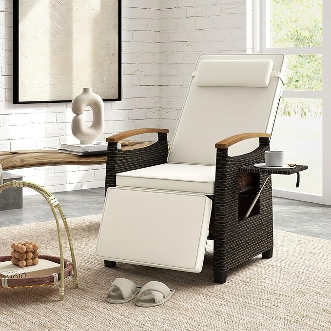 LDAILY Moccha Wicker Outdoor Recliner Chair - Rattan Lounge Chair with Adjustable Backrest & Footrest, Flip Side Table, Cushion, Push Back Reclining Seat for Pool Yard Patio Porch Balcony (Off White)