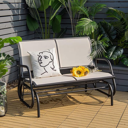 Giantex Swing Glider Chair 48 Inch with Spacious Space, 2 People Swing Lounge Glider Chair Cozy Patio Bench Outdoor & Indoor for Patio, Backyard, Poolside, Lawn Steel Rocking Garden Loveseat (Beige)
