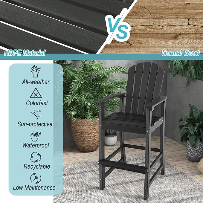 Giantex Outdoor HDPE Bar Stool, Tall Adirondack Chair with Armrests and Footrest, 30 Inches Counter Height Bar Stool for Garden, Backyard, Weather Resistance, Easy Maintenance (1, Black)