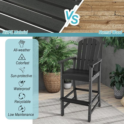 Giantex Outdoor HDPE Bar Stool, Tall Adirondack Chair with Armrests and Footrest, 30 Inches Counter Height Bar Stool for Garden, Backyard, Weather Resistance, Easy Maintenance (1, Black)