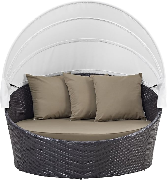 Modway Convene Wicker Rattan Outdoor Patio Retractable Canopy Round Poolside Sofa Daybed in Espresso Mocha - Photo 6