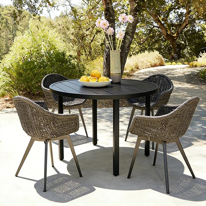 All-Weather 47" Round Outdoor Patio Table for 6, Metal Black Dining Table with Adjustable Umbrella Hole, Garden - Photo 1