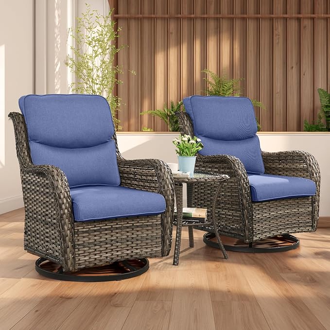 Rilyson Wicker Rocking Chair Swivel Chairs - 3 Piece Rocker Patio Furniture Set Rattan Rocking Bistro Sets with Glass - Photo 1