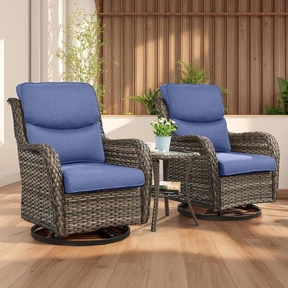Rilyson Wicker Rocking Chair Swivel Chairs - 3 Piece Rocker Patio Furniture Set Rattan Rocking Bistro Sets with Glass Top Side Table for Outdoor Porch Deck Garden Backyard (Mixed Grey/Blue/Smile)