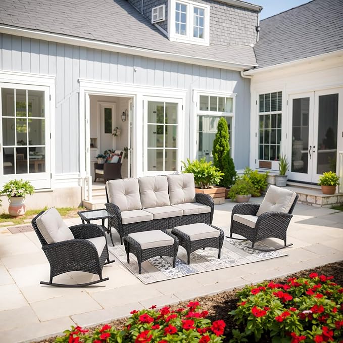 Belord Patio Rocking Chairs Furniture Set of 6, Outdoor Wicker Furniture Sets with Wicker Rocker - Photo 1