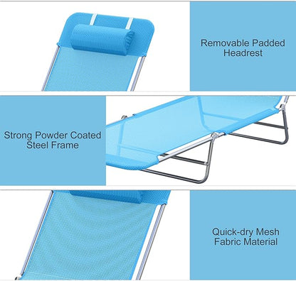 Outsunny Folding Chaise Lounge Pool Chairs, Outdoor Sun Tanning Chairs with Pillow, Reclining Back, Steel Frame & Breathable Mesh for Beach, Yard, Patio, Blue