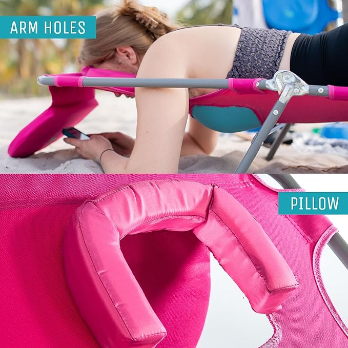 Ostrich Comfort Lounger Face Down Sunbathing Chaise Lounge Beach Chair with 3-Position Folding for Outdoor Camping, Pool, and Beach, Pink (2 Pack)