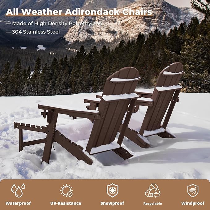 BRIOPAWS Adirondack-Chairs-with-Pull-Out-Footrest | Set of 2 | Folding | HDPE Plastic | Fire Pit Chair | All Weather | Cup Holders | Curved Back | Retractable Ottoman | for Poolside Deck | Dark Brown