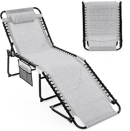 Goplus Chaise Lounge Chair Outdoor, Folding 5-Postion Beach Lounger with Detachable Pillow, Side Pocket, Sunbathing Lounge Chair, Adjustable Tanning Chair for Patio Lawn Pool Yard