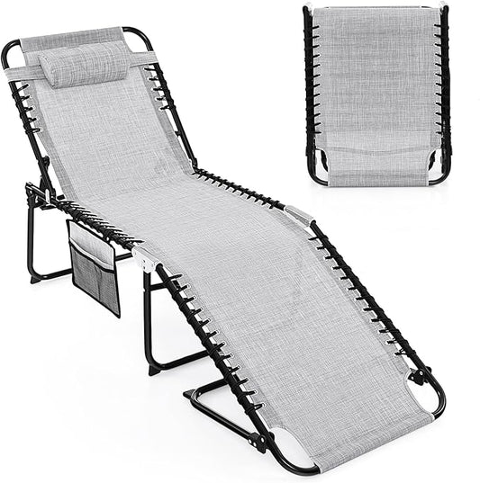 Goplus Chaise Lounge Chair Outdoor, Folding 5-Postion Beach Lounger with Detachable Pillow, Side Pocket, Sunbathing Lounge Chair, Adjustable Tanning Chair for Patio Lawn Pool Yard
