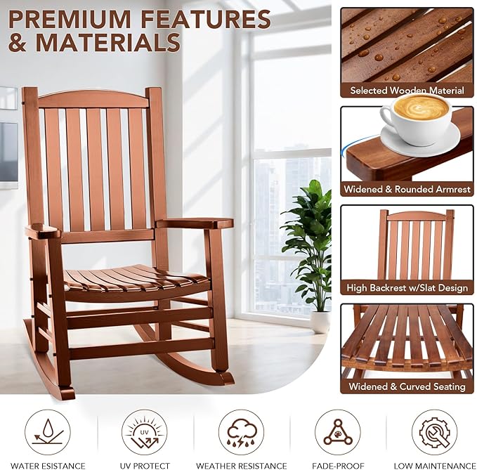 Wooden Outdoor Rocking Chair, Oversized Patio Rocking Chair w/400lbs Support & High Backrest | Porch, Lawn, Garden, Backyard，Natural