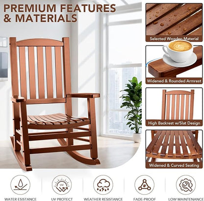 Wooden Outdoor Rocking Chair, Oversized Patio Rocking Chair w/400lbs Support & High Backrest | Porch, Lawn, Garden, Backyard，Natural