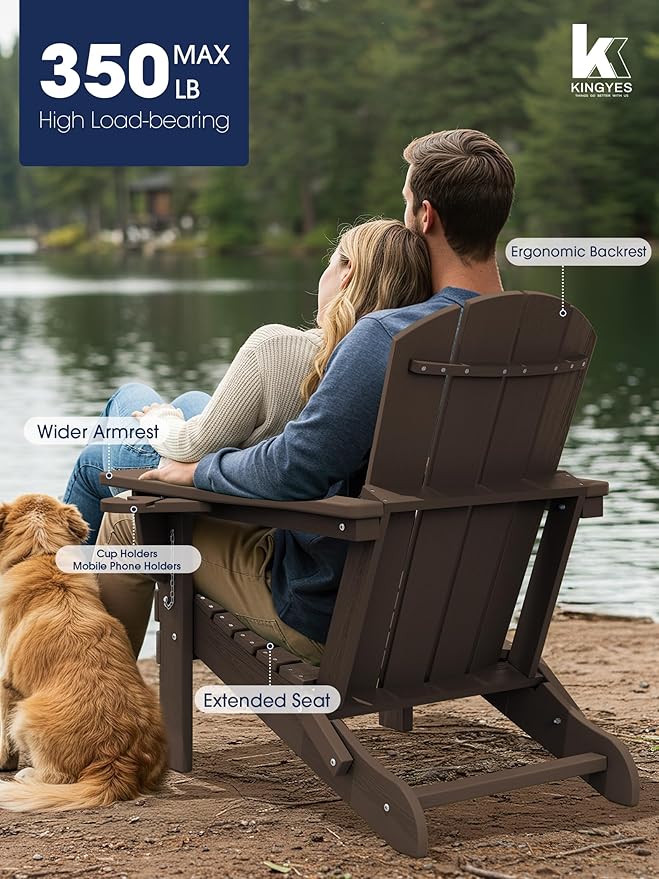 KINGYES Folding Adirondack Chair with Dual Cup Holders - HDPE All-Weather Outdoor Chairs, Wood-Like Patio Chair for Backyard, Camping, Pool & Fire Pit, Coffee