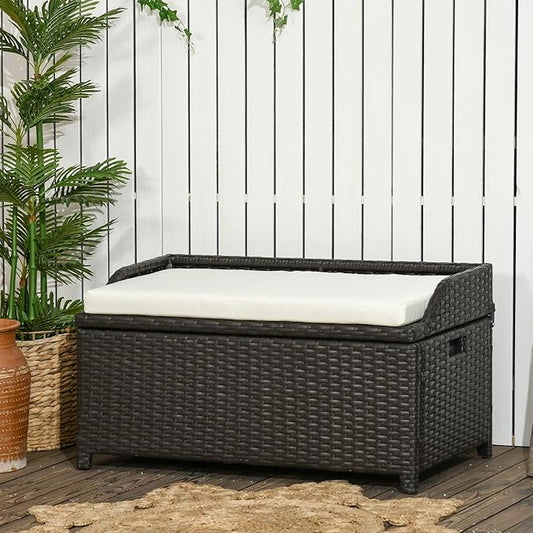 Outsunny 38 Gallon Outdoor Wicker Storage Bench Deck Box, PE Rattan Patio Furniture Pool Storage Bin Container with Interior Waterproof Cloth Bag and Comfortable Cushion, White