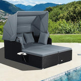 LDAILY Moccha Outdoor Daybed with Retractable Canopy, Wicker Cabana with 2 Side Tables & Soft Cushions - Photo 2