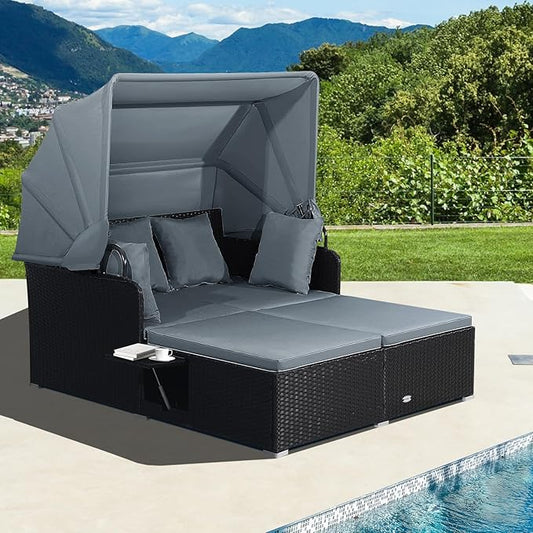 LDAILY Moccha Outdoor Daybed with Retractable Canopy, Wicker Cabana with 2 Side Tables & Soft Cushions,Hand-Woven PE Rattan Bed Lounger, Patio Sectional Furniture Set for Garden Backyard Porch (Grey)