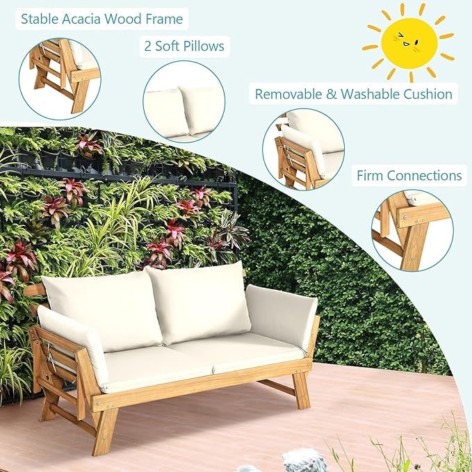 DORTALA Patio Convertible Couch Sofa Bed, Acacia Wood Daybed w/Adjustable Armrest, Collapsible Chaise Lounge w/Cushions & Pillows, Outdoor Loveseat for Poolside, Courtyard (White)