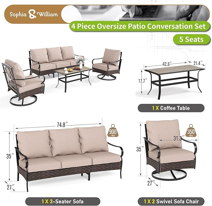 Sophia & William Patio Furniture Set, Outdoor Metal Conversation Set 5 Seats with 3-Seater Sofa, 2 Swivel Chairs - Photo 7