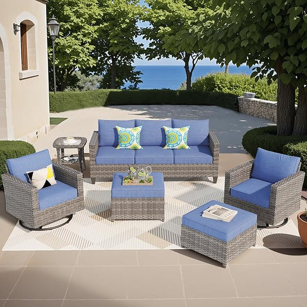 ovios Patio Furniture Set, 6 Pieces Outdoor Wicker Sofa Couch with Swivel Rocking Chairs Ottomans Comfy Cushions Rattan - Photo 1