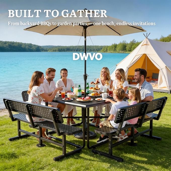 DWVO Heavy Duty Park Bench for Outside 6ft Metal with Backrest Weatherproof Coated Steel Commercial Grade Furniture Set Industrial Mesh Design for Garden Patio Public Areas
