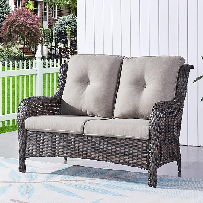 HUMMUH 4 Piece Patio Conversation Furniture Set PE Wicker Rattan Outdoor Loveseat Sofa,Patio Chairs,Coffee Table for Garden,Poolside,Backyard,Deck
