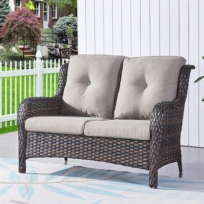 HUMMUH 4 Piece Patio Conversation Furniture Set PE Wicker Rattan Outdoor Loveseat Sofa,Patio Chairs,Coffee Table for Garden,Poolside,Backyard,Deck