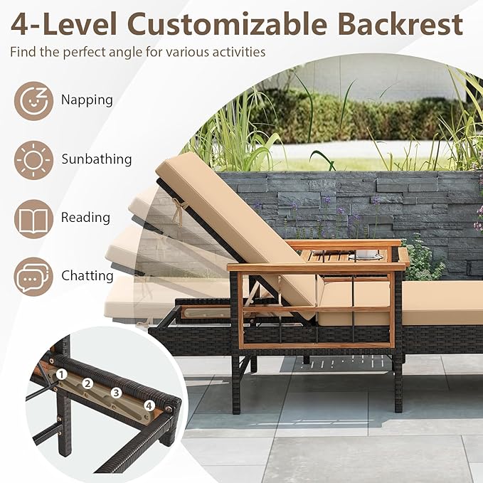Tangkula 3 Pieces Patio Chaise Lounge Set, 2 Rattan Lounge Chairs with 4-Level Adjustable Backrest - Photo 5