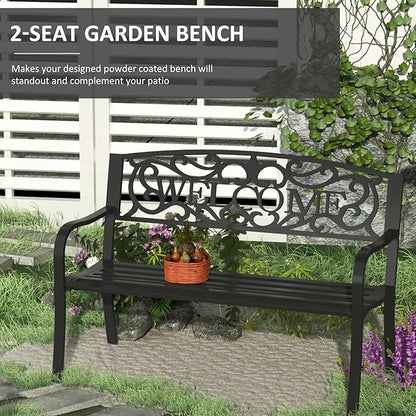 50" Outdoor Welcome Bench, Metal Garden Bench with Slatted Seat, Patio Bench with Backrest and Armrests for Park, Porch, Yard, Lawn, Black