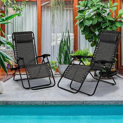 Goplus Zero Gravity Lounge Chairs, 160°Adjustable Folding Recliner w/Pillow and Cup Holder, 350LBS Comfy Outdoor Lounge Chairs for Patio, Lawn, Yard & Camp(Set of 2, Gray)
