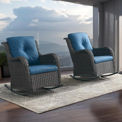 Rilyson Patio Chairs Outdoor Rocking Chair - 2 Piece Wicker Rattan Rocker Chairs Set with High Back and Deep Seating for Porch Deck Garden Backyard(Brown/Blue)