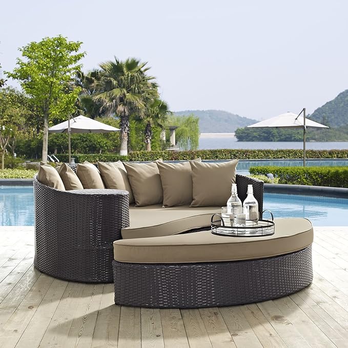Modway Convene Wicker Rattan Outdoor Patio Poolside Sectional Sofa Daybed with Cushions in Espresso Mocha