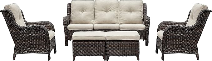 Rilyson Outdoor Furniture Set, 5-Piece Patio Rattan Wicker Sectional Sofa Set with 3-Seat Couch, 2 Armchairs - Photo 1