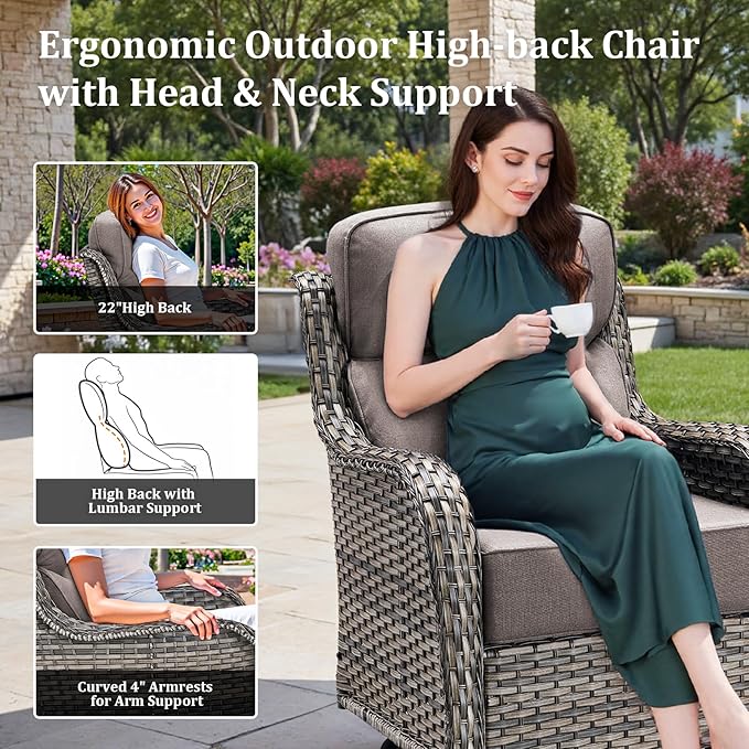 3PCS Patio Furniture Sofa Set with 6" Thick Cushions, High Back Wicker Sectional Outdoor Sofa with Ottomans - Photo 4