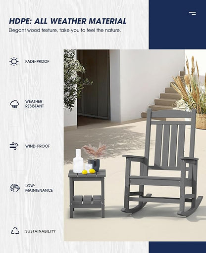 KINGYES HDPE Outdoor Rocking Chair, Widened Seat Patio Rocking Chair, Oversized All Weather Patio Rocker, Gray