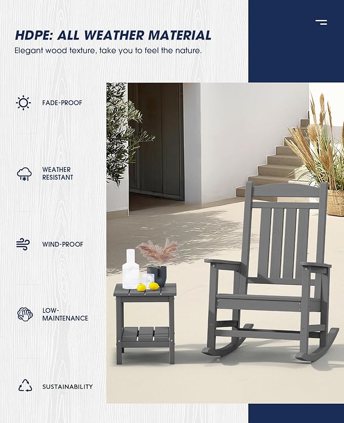 KINGYES Oversized Outdoor Rocking Chair Set of 4, HDPE Patio Rocking Chairs with 330lbs Support for Adults, Gray