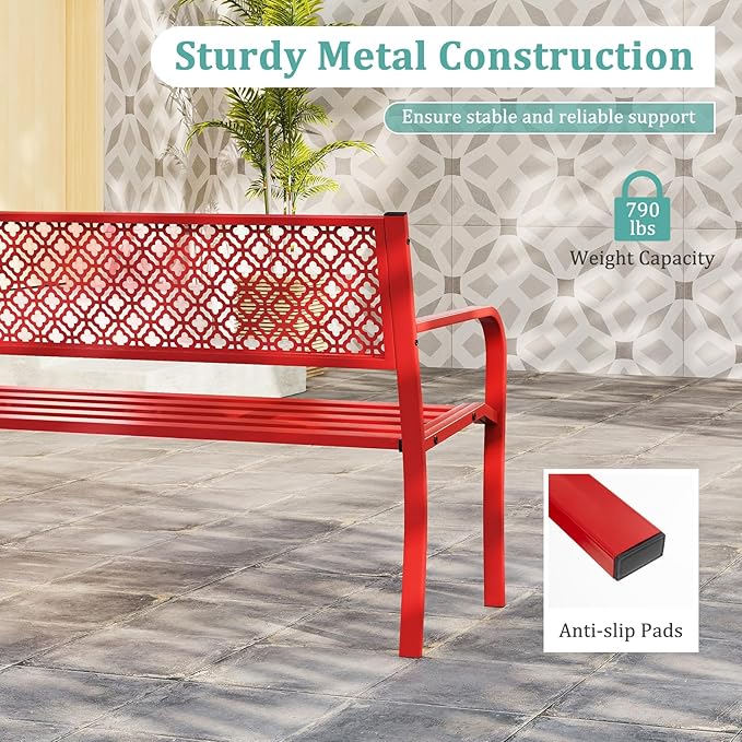 Tangkula 50 Inches Outdoor Garden Bench, Metal Patio Park Bench with Geometric Lattice Backrest, Armrests and Slatted Seat, Outdoor Loveseat Chair for Porch, Lawn and Yard (Red)