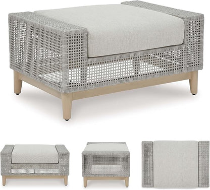 Signature Design by Ashley Seton Creek Casual Nuvella Weather Resistant Fabric Outdoor Ottoman with Cushion, Light Gray & Light Brown