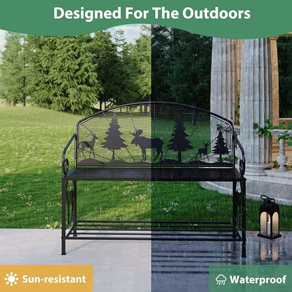 HavenlyYouth Outdoor Bench, Garden Bench with Backrest and Armrests, Patio Bench with Forest Series Pattern, Anti- Rust Thickened Metal Bench Outdoor for Garden, Yard, Patio, Porch, Lawn and Park