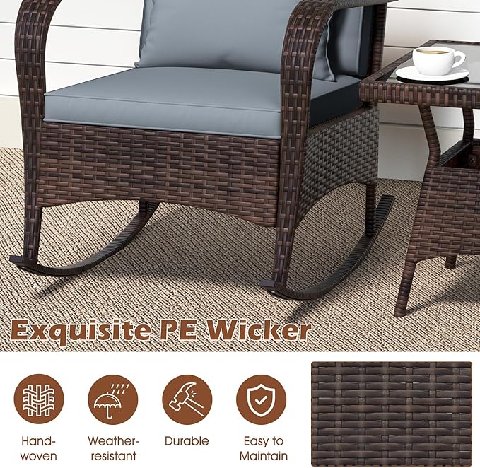 ORALNER 3 Pieces Patio Furniture Set, Outdoor Wicker Rocking Chairs with Cushions, Pillows, Glass Coffee Table - Photo 6