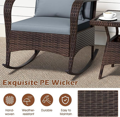 ORALNER 3 Pieces Patio Furniture Set, Outdoor Wicker Rocking Chairs with Cushions, Pillows, Glass Coffee Table, Rattan Bistro Rocker Set for Balcony Front Porch Poolside Garden Deck Yard (Grey)