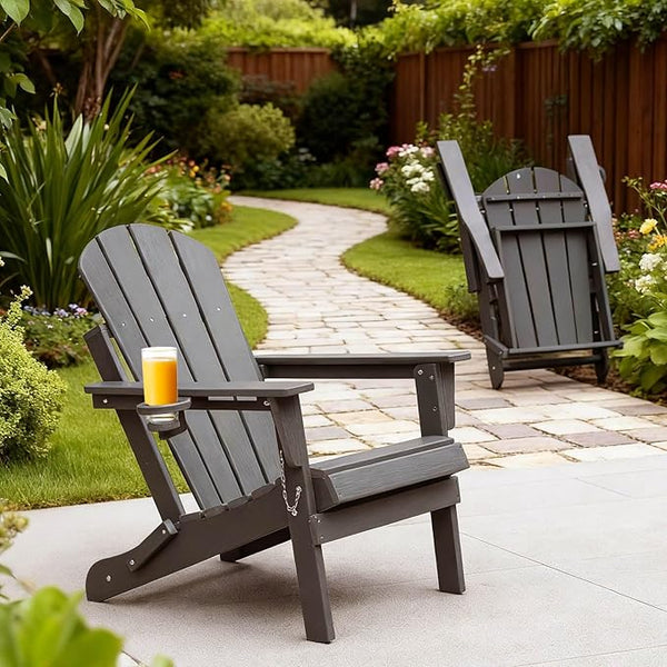 HDPE Foldable Adirondack Chair with Cup Holder Outside, Composite Outdoor Chairs with Wood Texture, Grey - Photo 1