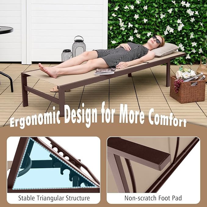 COSTWAY Lounge Chair Outdoor, Aluminum Frame Chaise Lounge with 6-Position Adjustable, Breathable Fabric, Lightweight Patio Pool Lounger for Tanning (1, Brown)