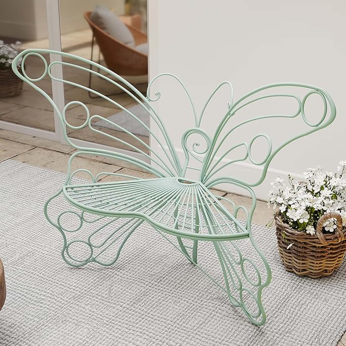 Pink Butterfly Benches Outdoors, Pretty Garden Bench & Cute Metal Outside Bench, Front Porch Benches Outdoor with Sturdy Frame for Lawn Yard Balcony (Green)