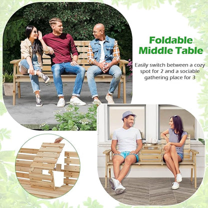 HAPPYGRILL Outdoor Fir Wood Bench with Foldable Middle Table, 2-3 Person Patio Garden Bench with Armrests and Backrests, Wooden Loveseat Chair with 710lbs Capacity (Natural)